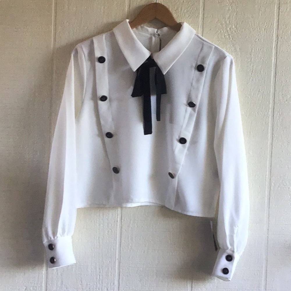 Storets Lucy gold buttons cropped black ribbon tie blouse - Picture 3 of 16